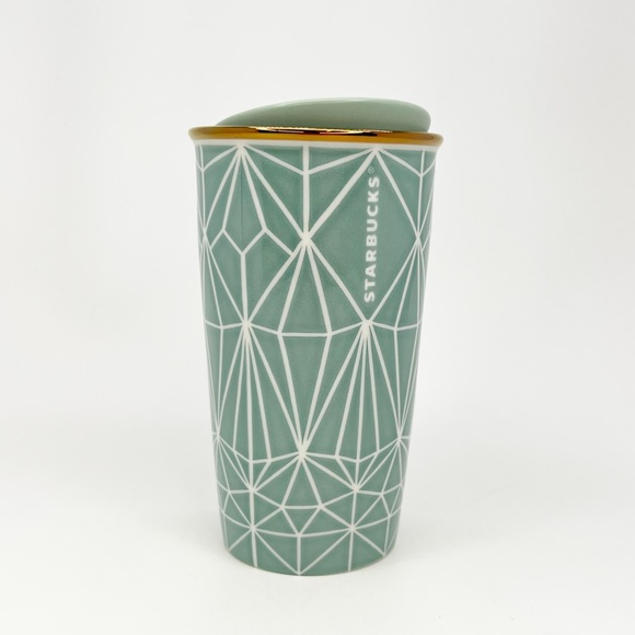 Starbucks Travel Mug Ceramic Coffee Mug Mint Green Diamond 12 oz - Tall New NWT